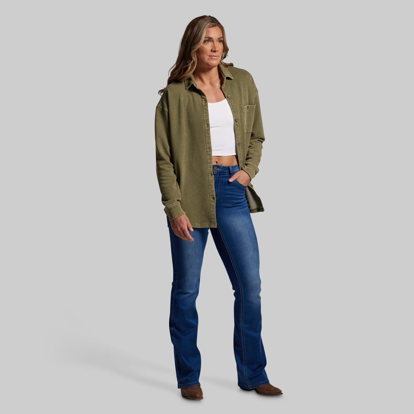 Women's Oversized Washed Button Up (Deep Green)