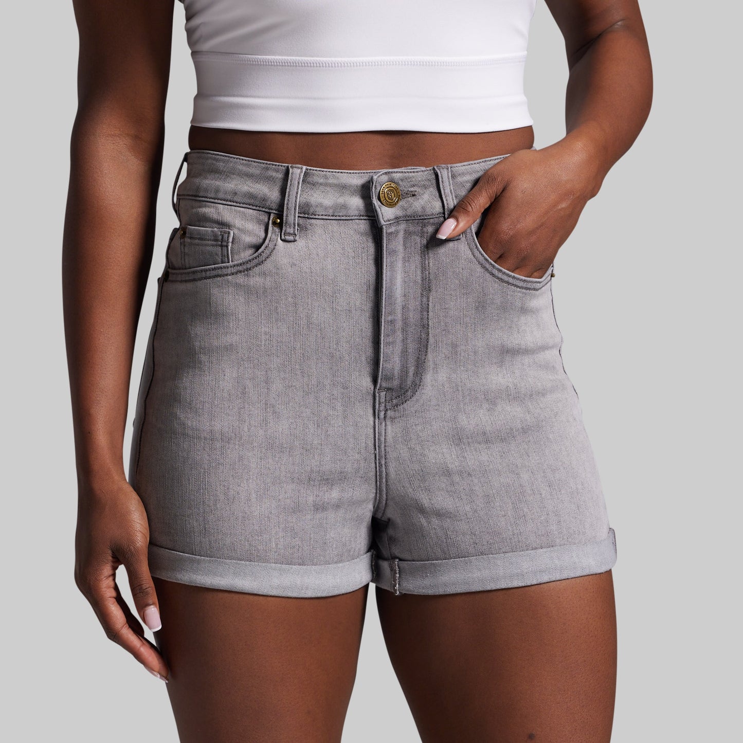 FLEX Stretchy Mom Jean Short (Light Grey Wash)