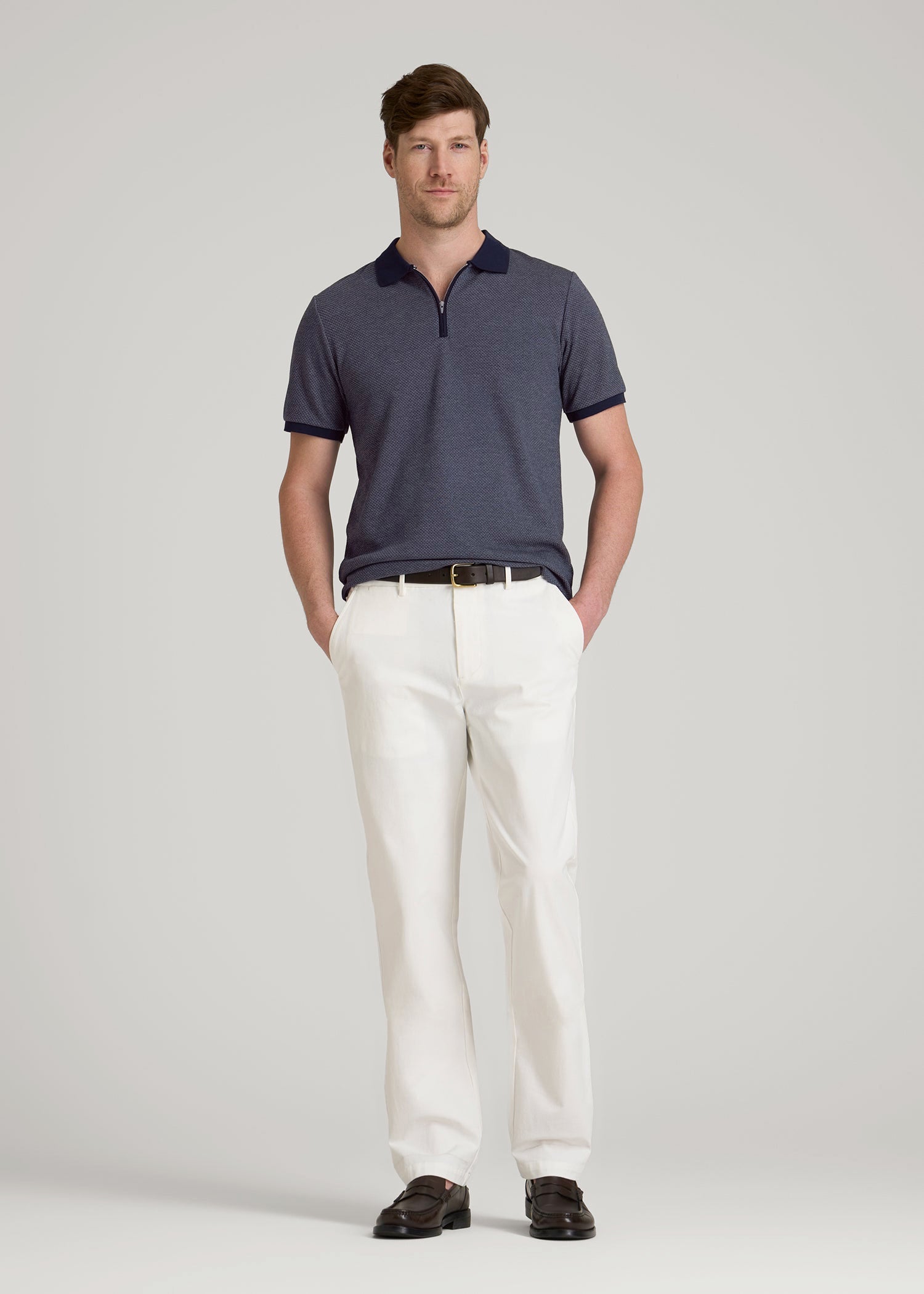 Embossed Geo Zip Collar Polo Shirt for Tall Men in Evening Blue