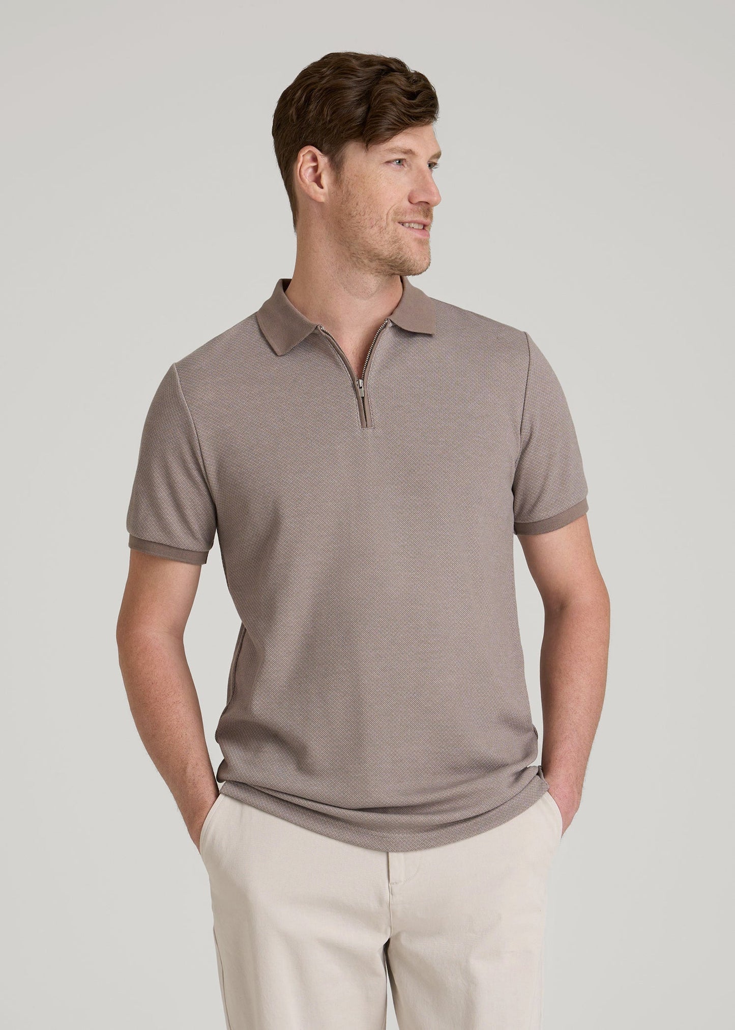 Embossed Geo Zip Collar Polo Shirt for Tall Men in Portobello