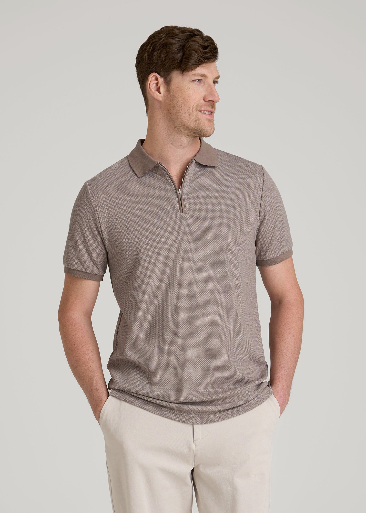 Embossed Geo Zip Collar Polo Shirt for Tall Men in Portobello