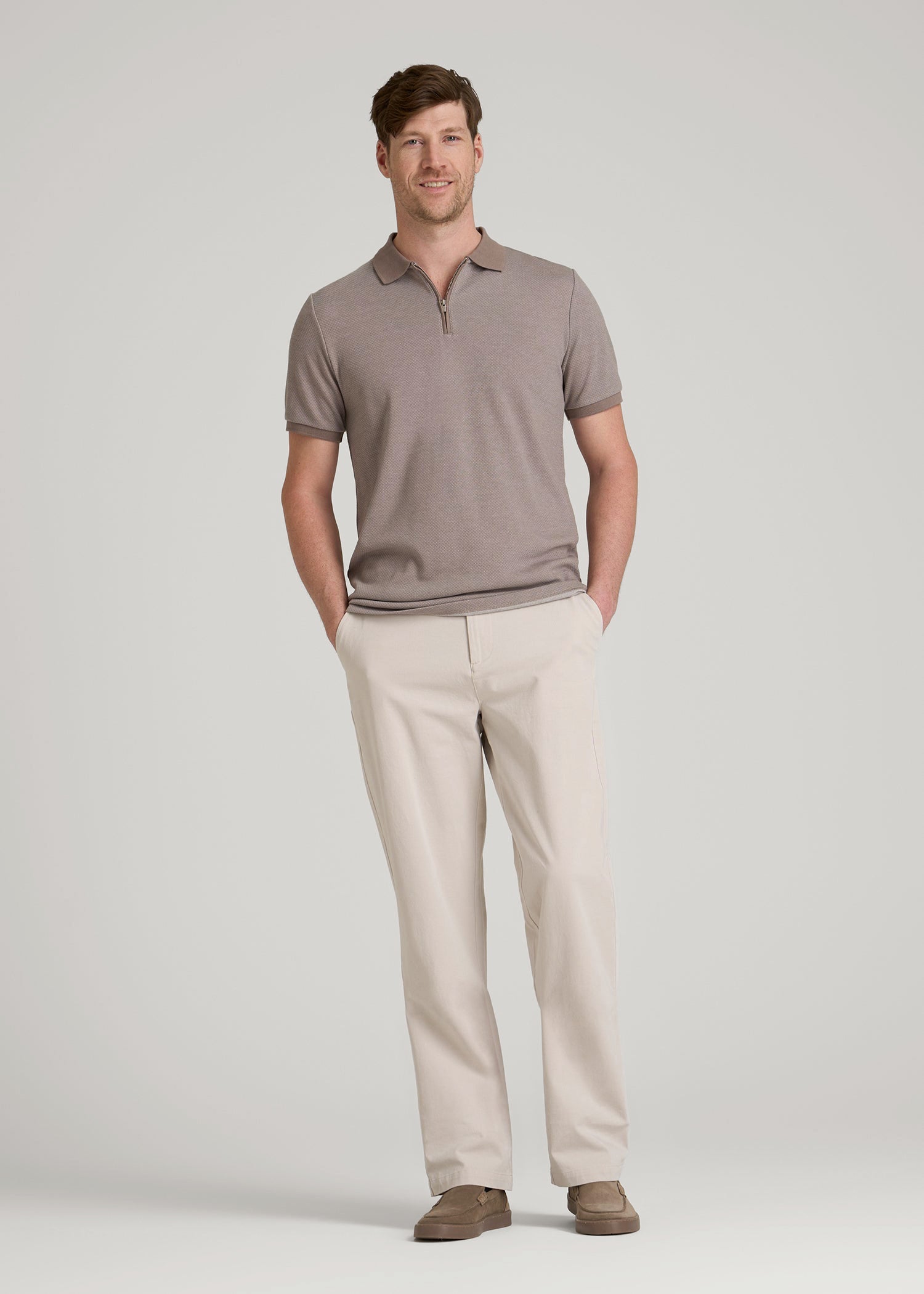Embossed Geo Zip Collar Polo Shirt for Tall Men in Portobello
