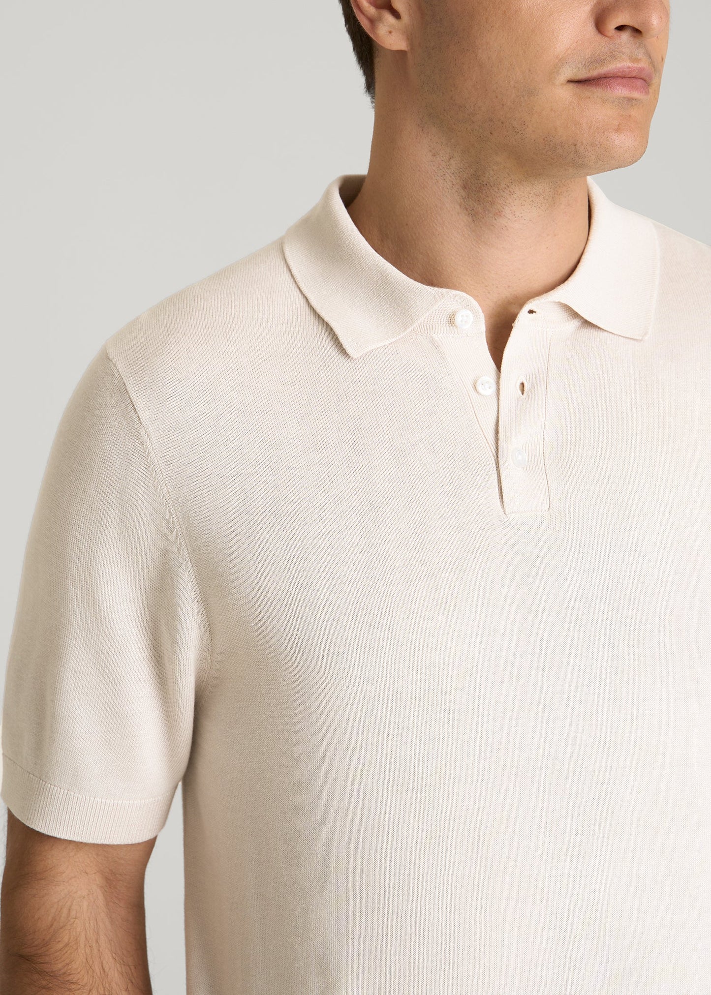 Linen Blend Knit Polo for Tall Men in White Sand