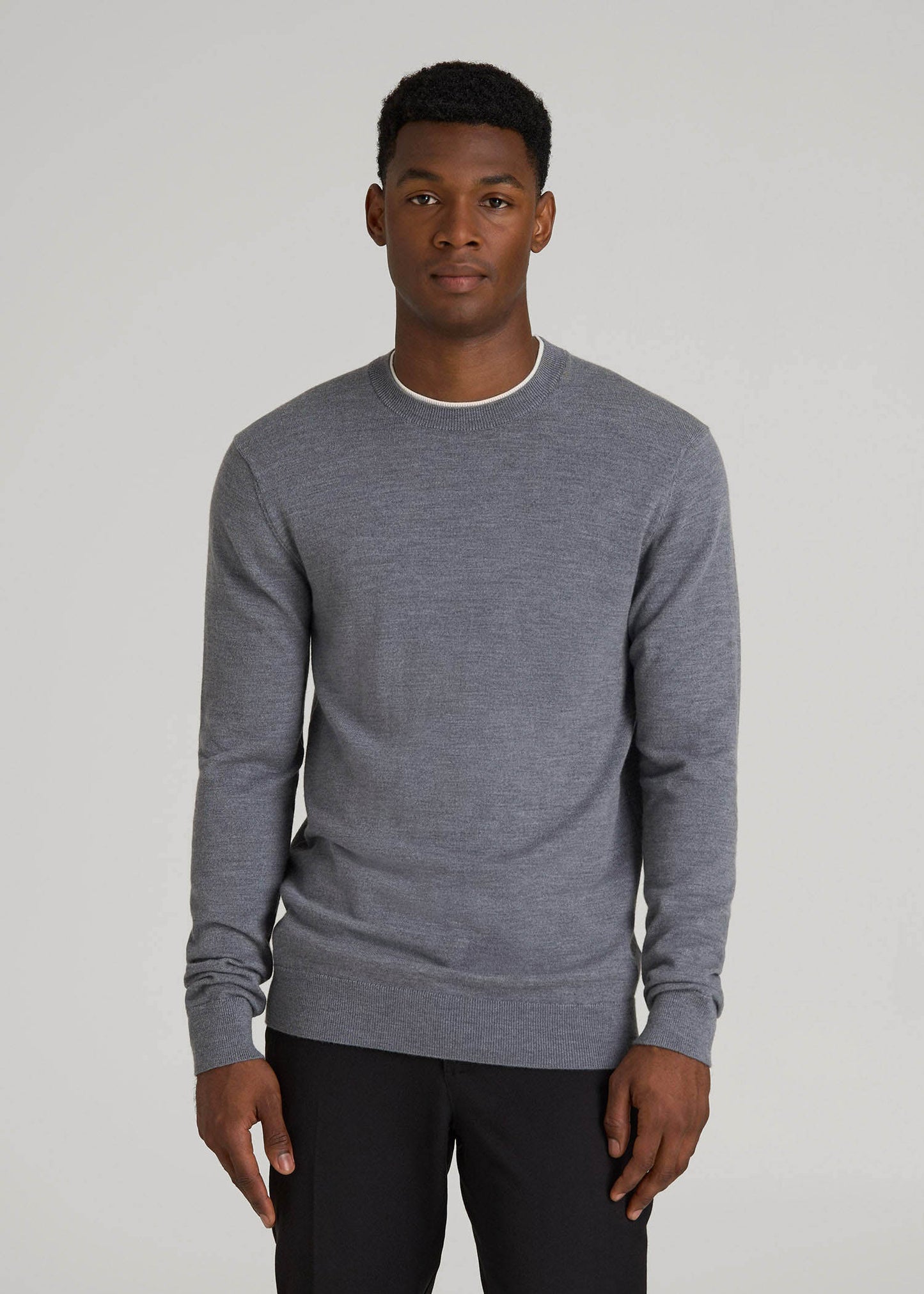 Merino Wool Crewneck Tip Sweater for Tall Men in Grey Mix