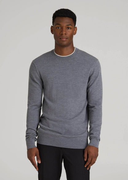 Merino Wool Crewneck Tip Sweater for Tall Men in Grey Mix
