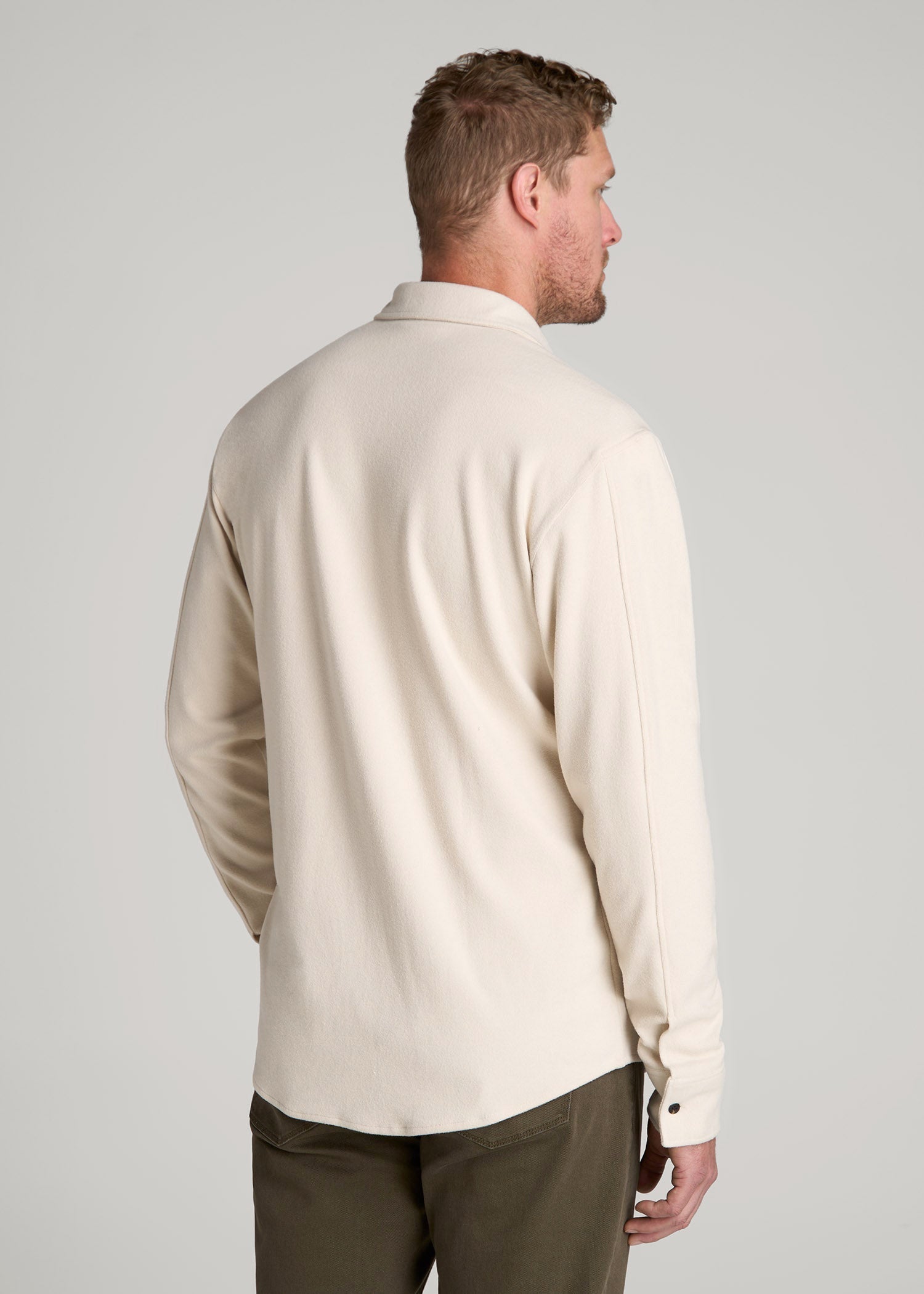 Stretch Flannel Button Shirt for Tall Men in Soft Beige