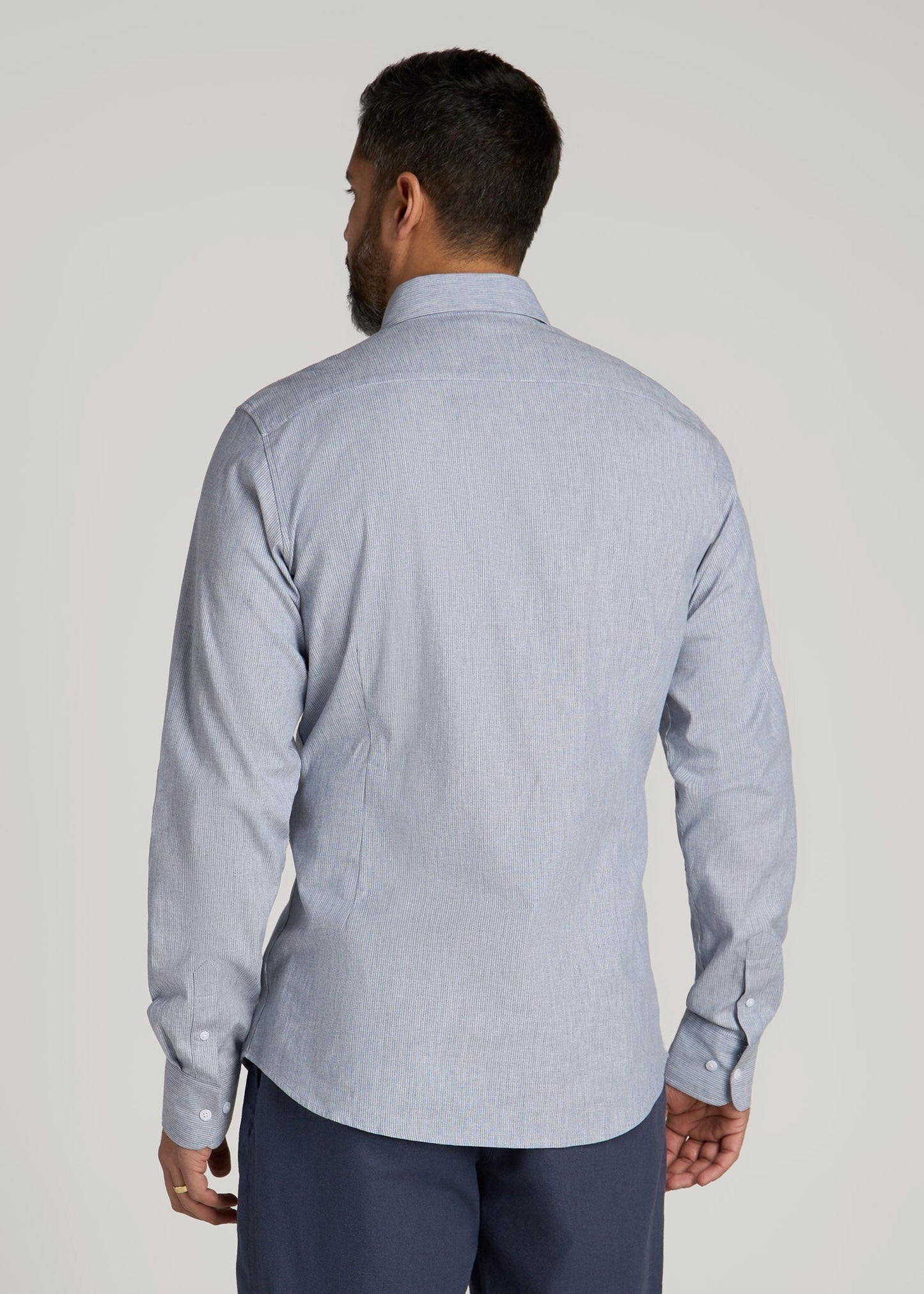 Stretch Linen Dress Shirt for Tall Men in Blue and White Pinstripe