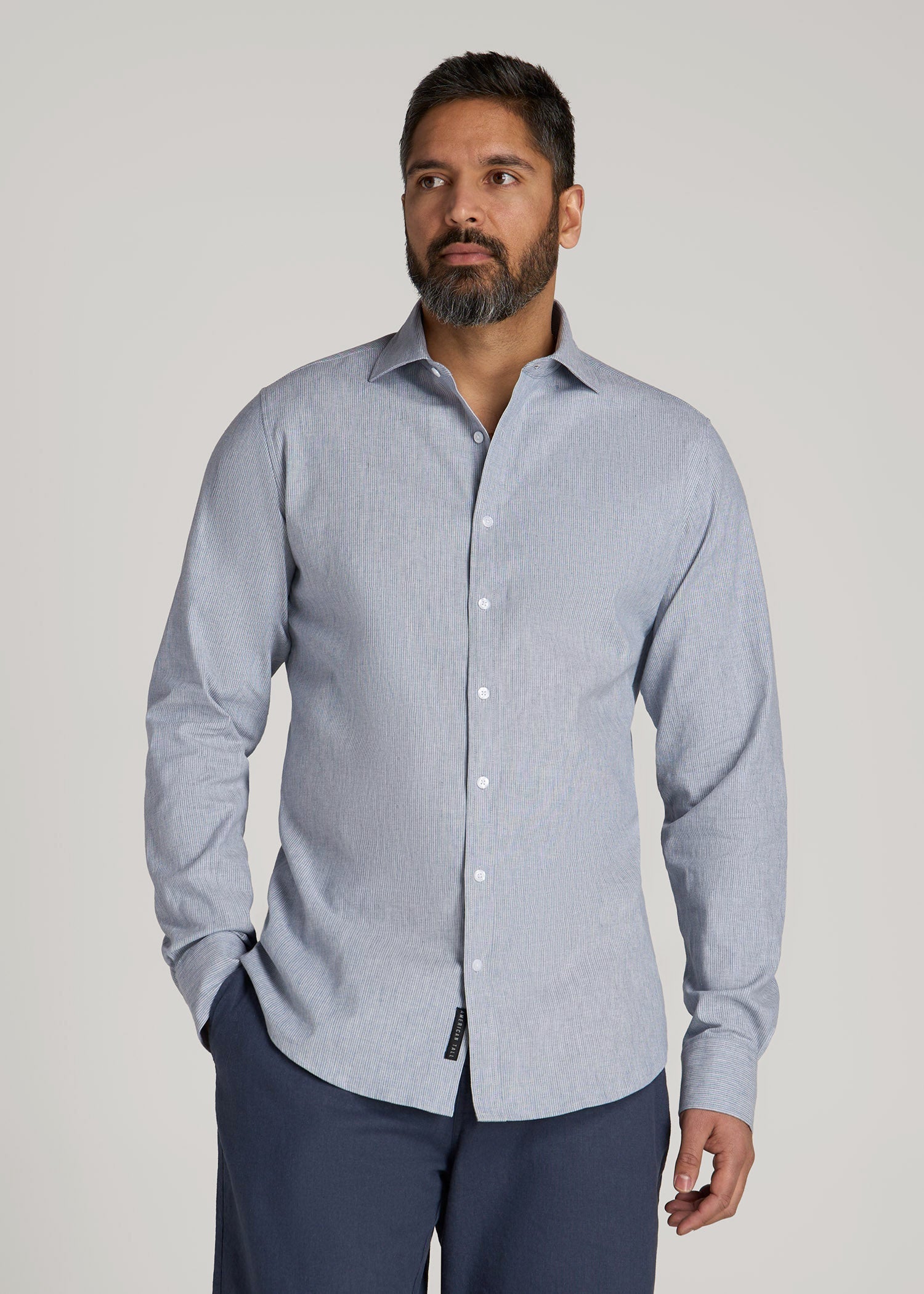 Stretch Linen Dress Shirt for Tall Men in Blue and White Pinstripe