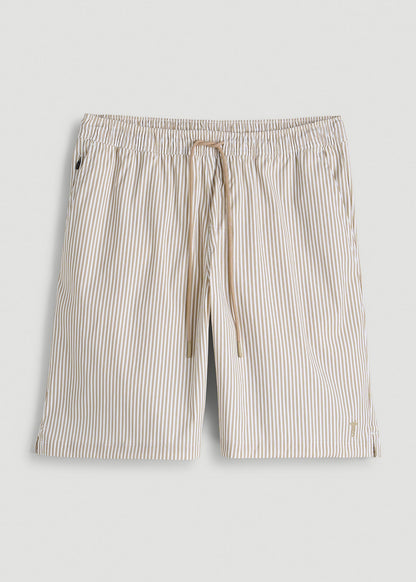 Stretch Swim Shorts for Tall Men in White and Oatmeal Stripe