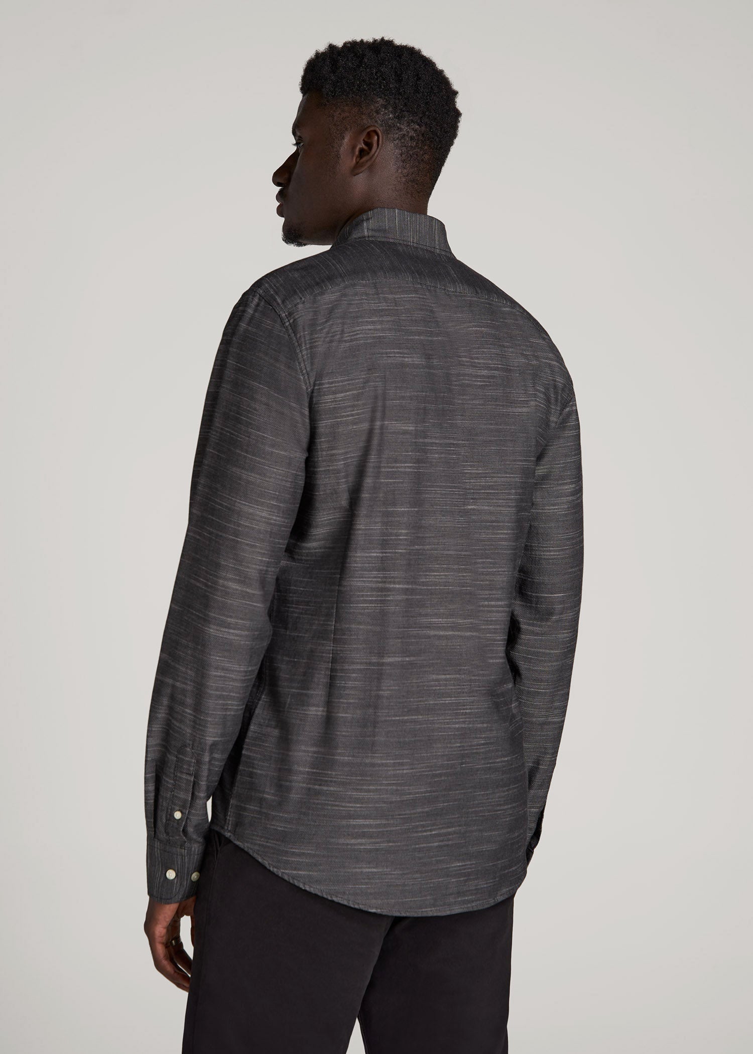 Textured Weave Cotton Button-Up Shirt for Tall Men in Black