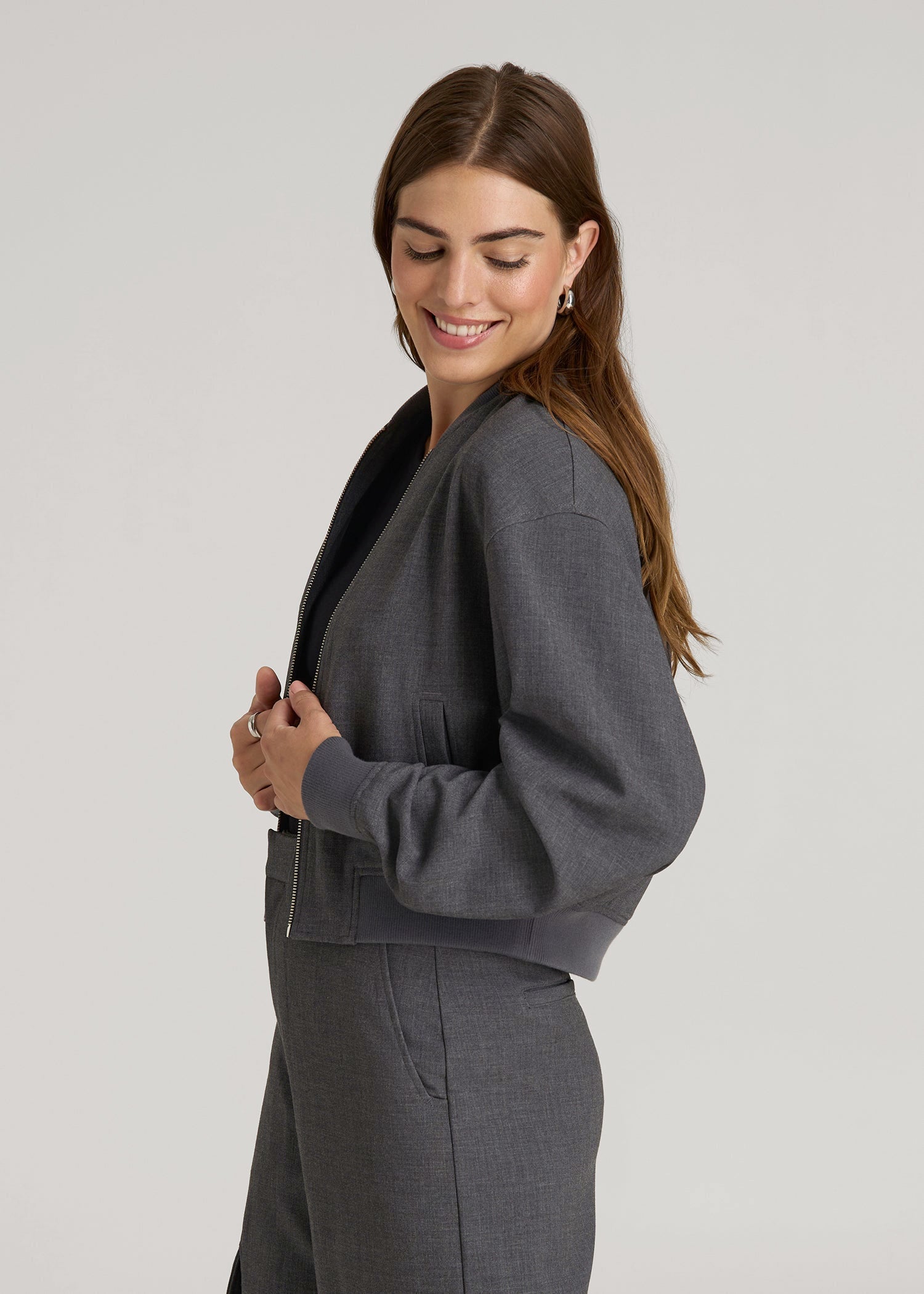 Cropped Bomber Jacket for Tall Women in Graphic Charcoal
