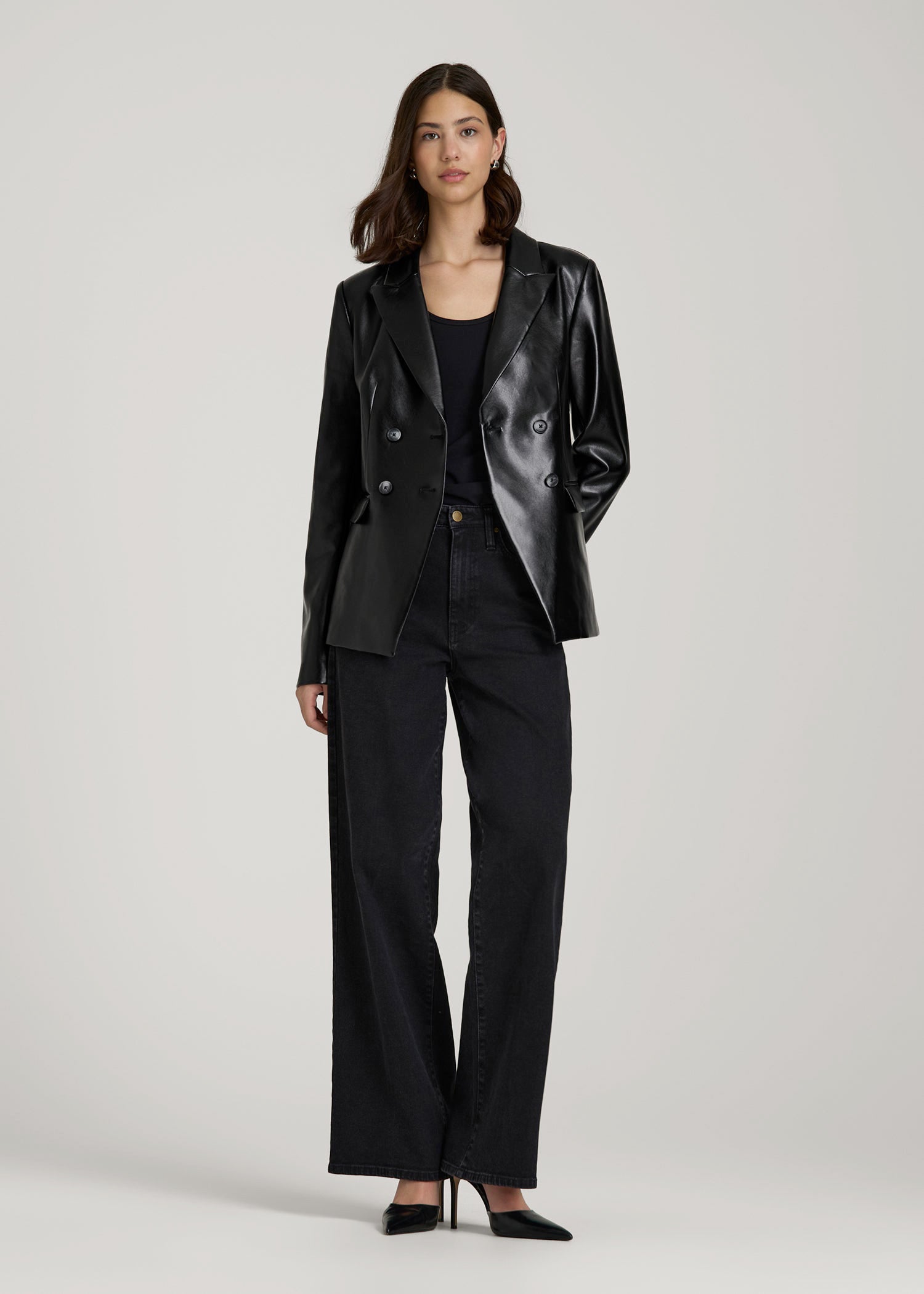 True Touch Leather Double Breasted Blazer for Tall Women in Black