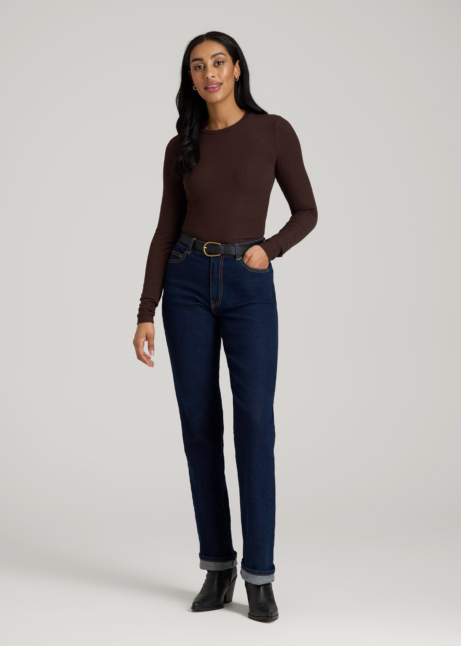 FITTED Ribbed Long Sleeve Tee for Tall Women in Espresso