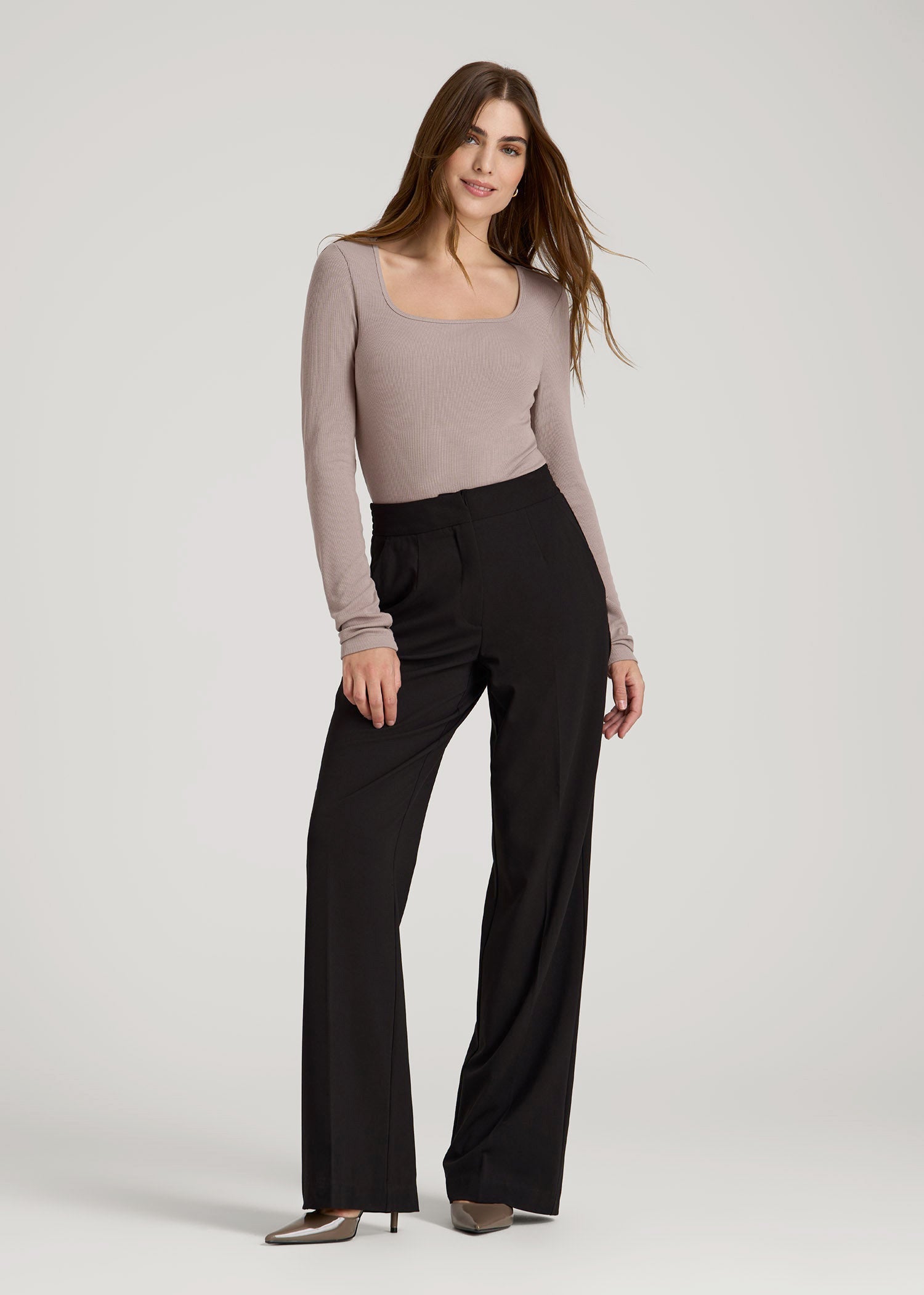 Long Sleeve Ribbed Square Neck Top for Tall Women in Truly Taupe