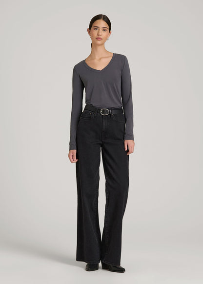Long Sleeve Scoop V-Neck Tee Shirt for Tall Women in Charcoal