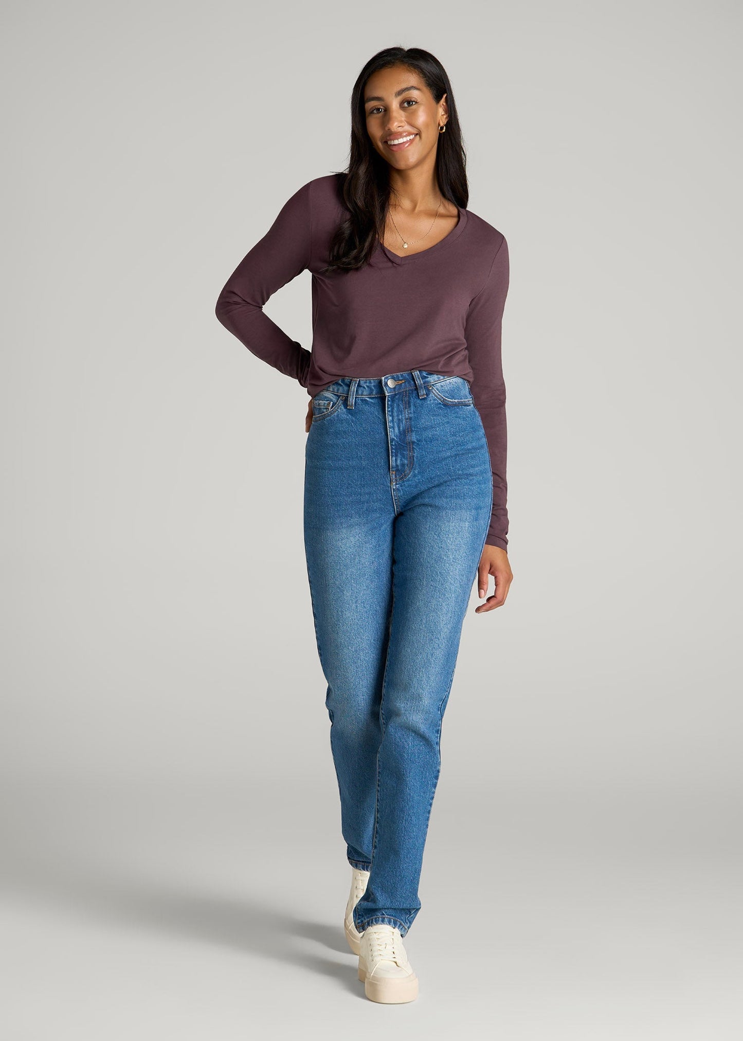 Long Sleeve Scoop V-Neck Tee Shirt for Tall Women in Merlot
