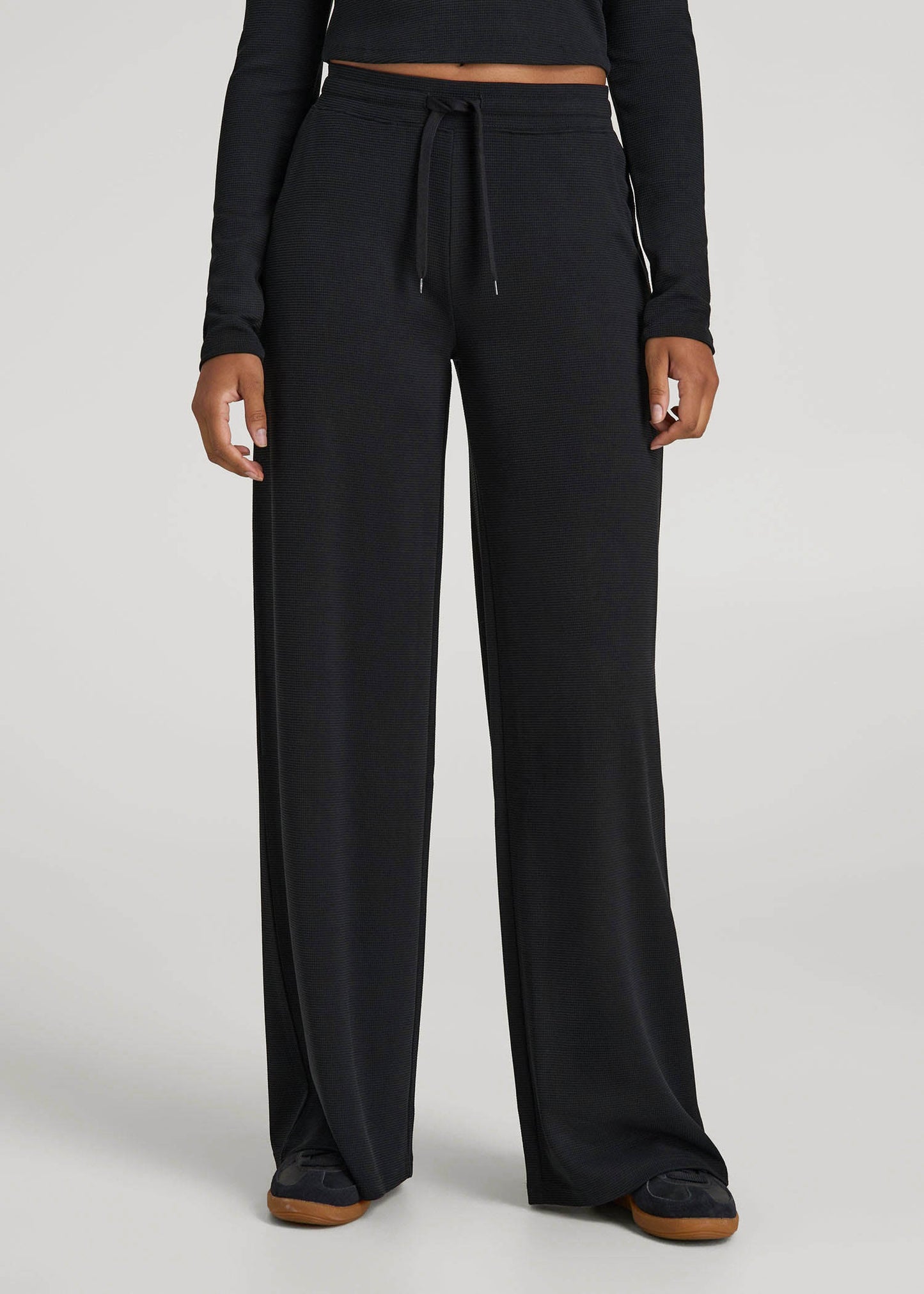 Mid-Rise Waffle Wide-Leg Pants for Tall Women in Black