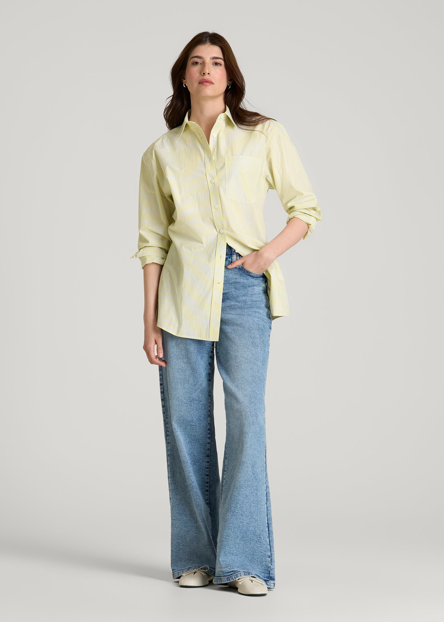 Oversized Poplin Button Shirt for Tall Women in Lemon Drop Stripe