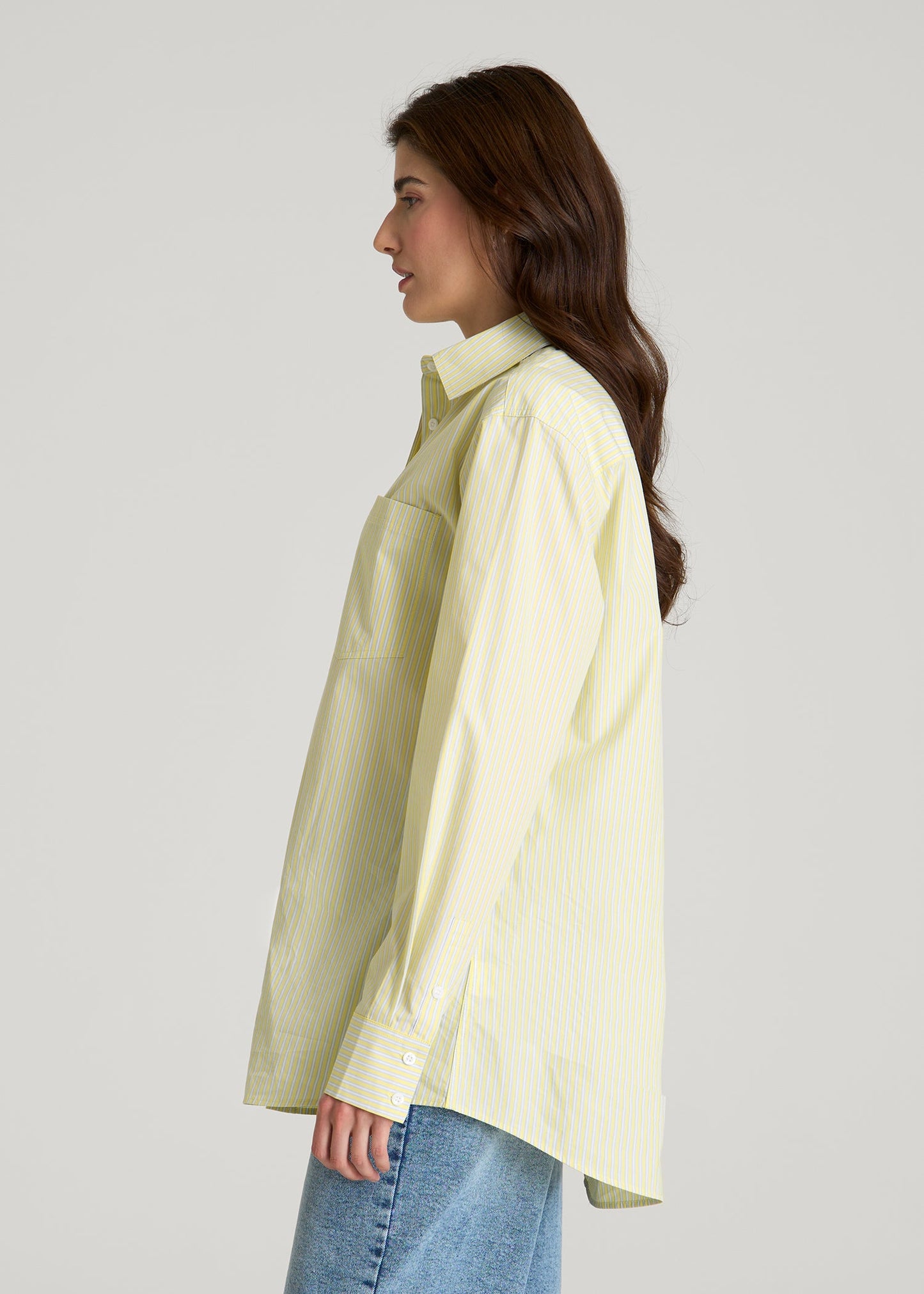 Oversized Poplin Button Shirt for Tall Women in Lemon Drop Stripe