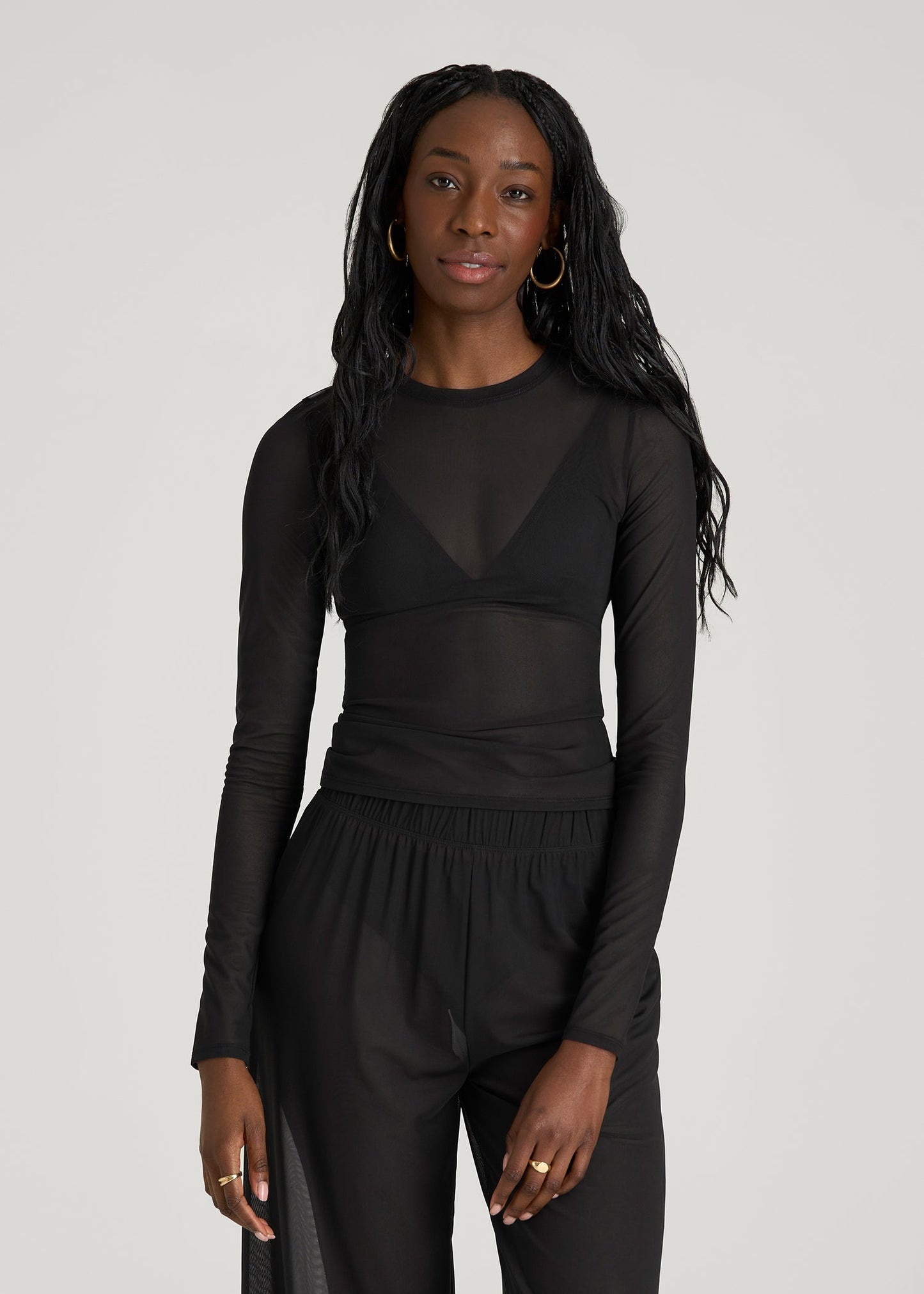 Power Mesh Fitted Long Sleeve Top for Tall Women in Deep Black