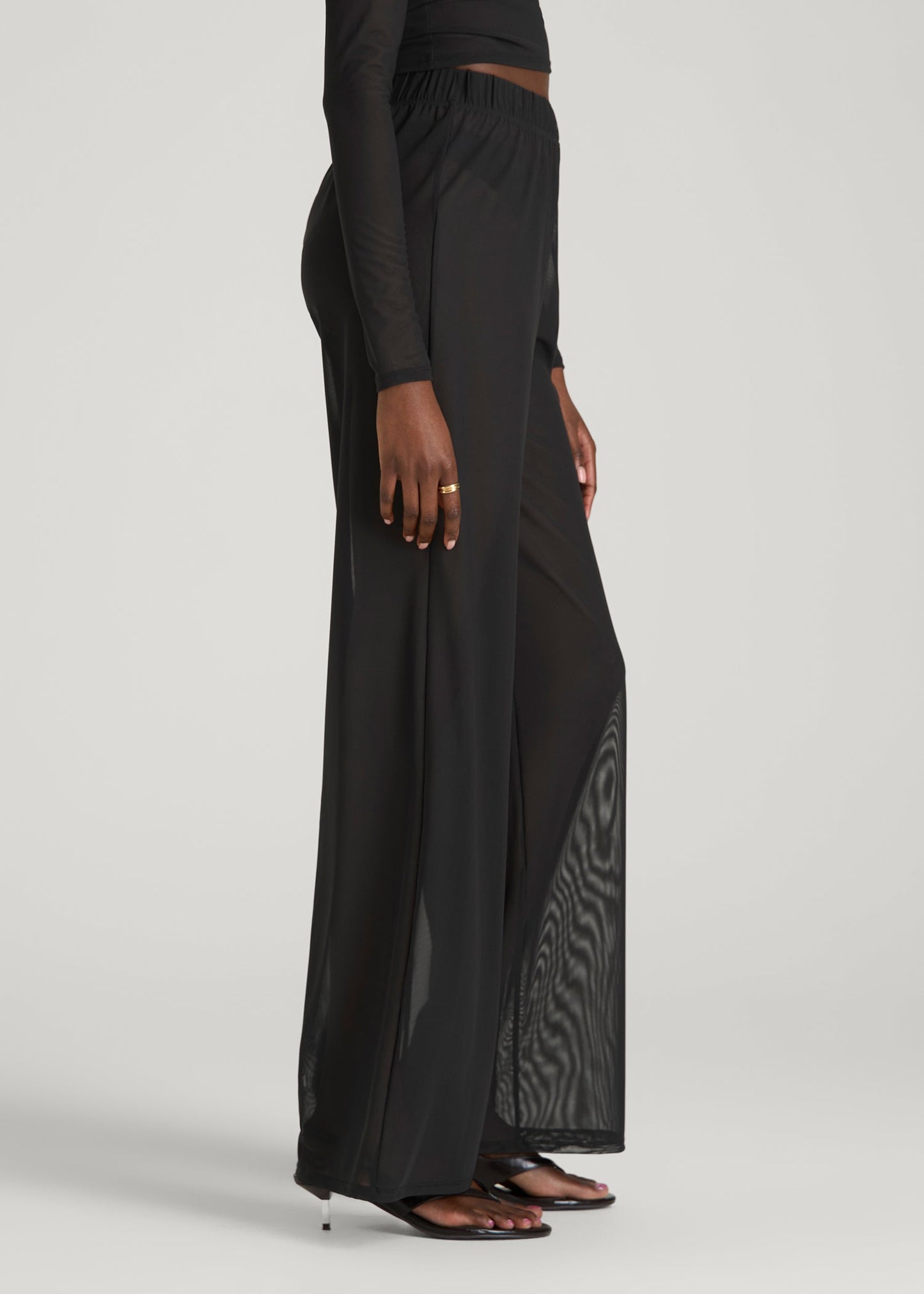 Power Mesh Wide-Leg Pants for Tall Women in Deep Black