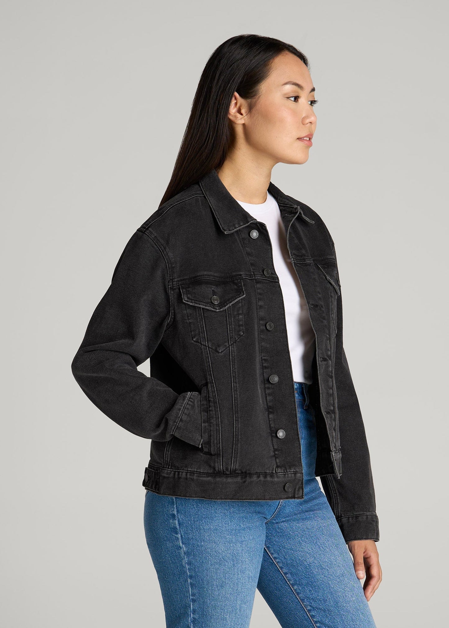 Women's Relaxed Denim Jacket for Tall Women in Black Stone Wash