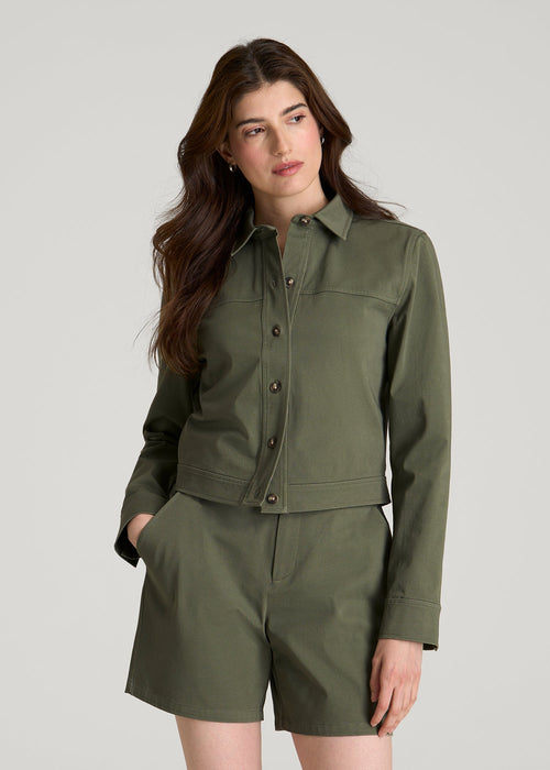 Stretch Commuter Military Cropped Cargo Jacket for Tall Women in Olive