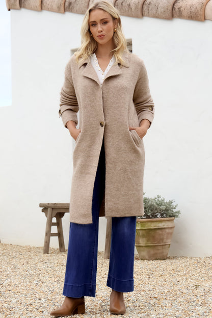 Griffin Cardigan - Collared Button Closure Coatigan with Pockets in Taupe