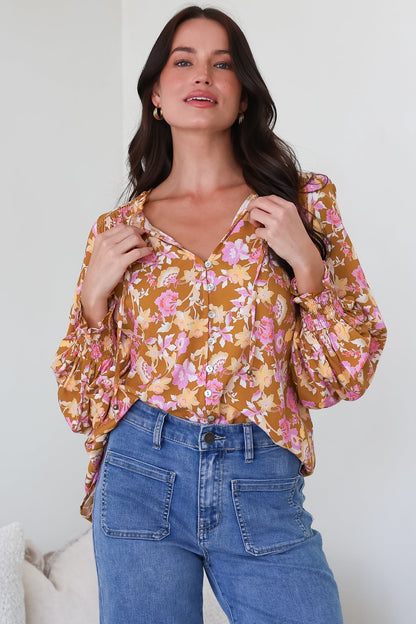 Moree Blouse - Frill Collar Neck Tie Button Down Shirt in Elixir Print