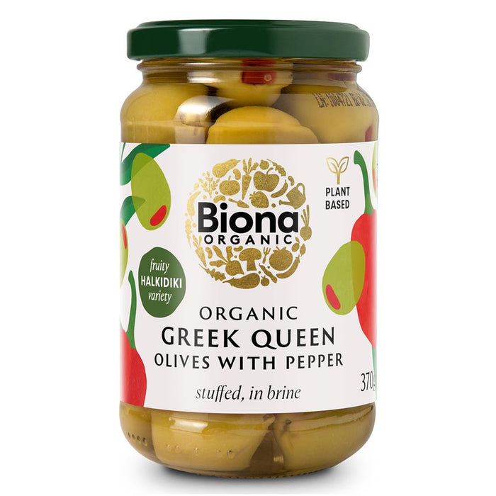 Biona Organic Greek Queen Olives with Red Pepper 370g