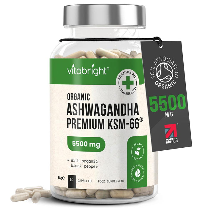 Organic KSM-66 Ashwagandha 5500mg with Black Pepper. 90 capsules